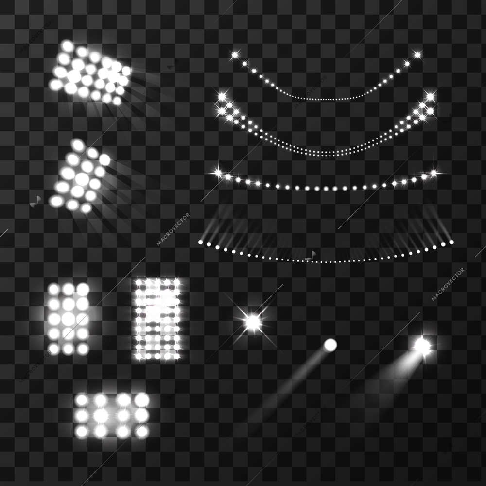 Stadium lights lamps and beams realistic black white set isolated vector illustration