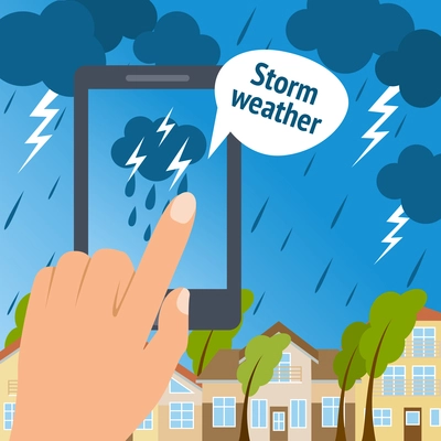 Weather forecast storm smart phone poster with rainy town background vector illustration