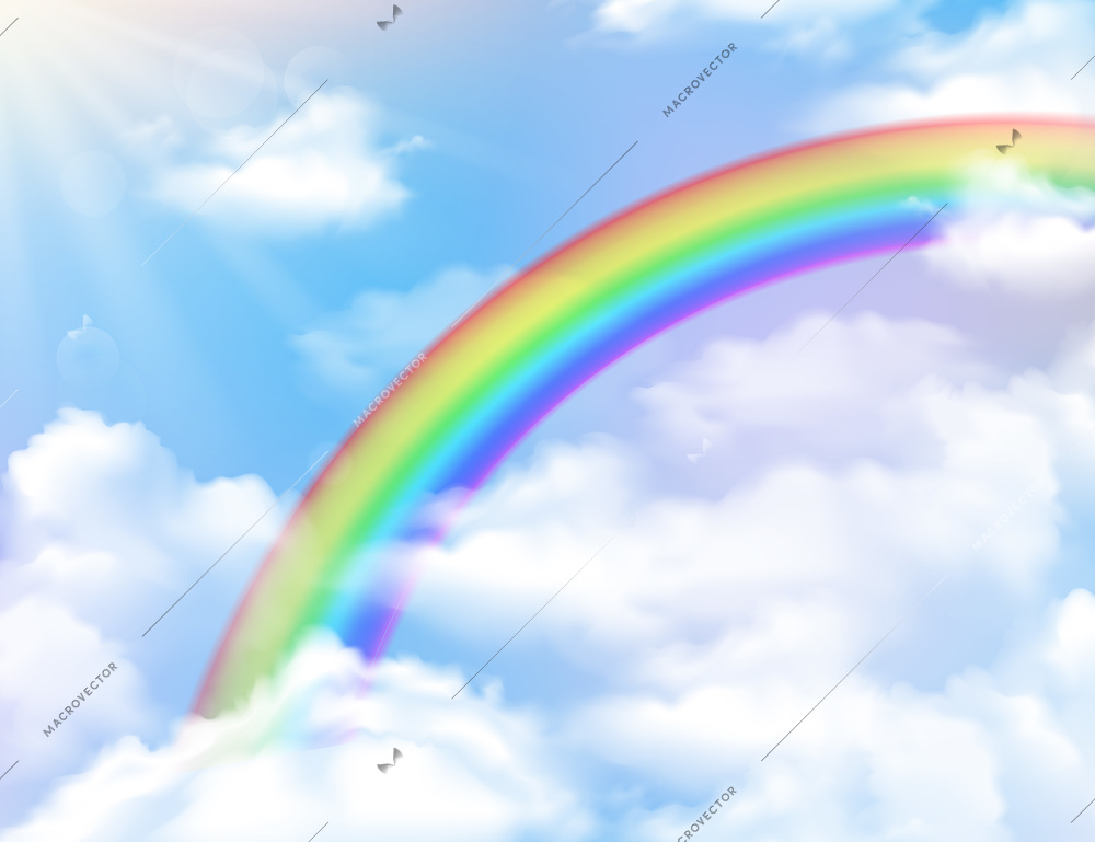 Bright rainbow sun sky and clouds realistic background vector illustration