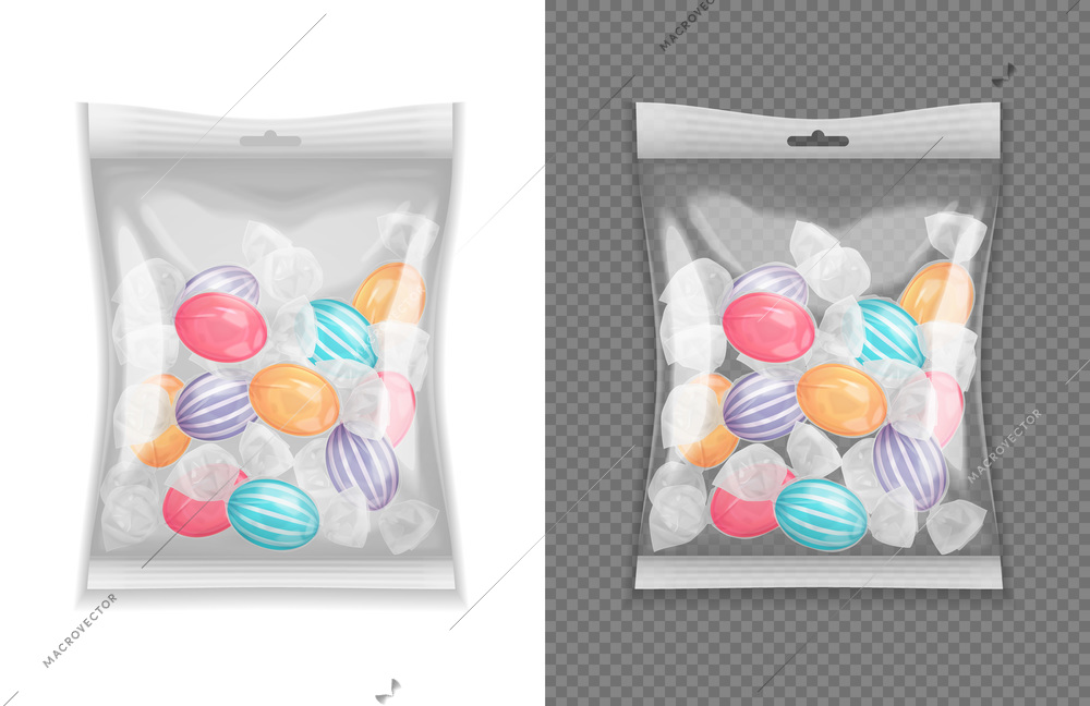 Realistic transparent lollypop candy package set isolated vector illustration