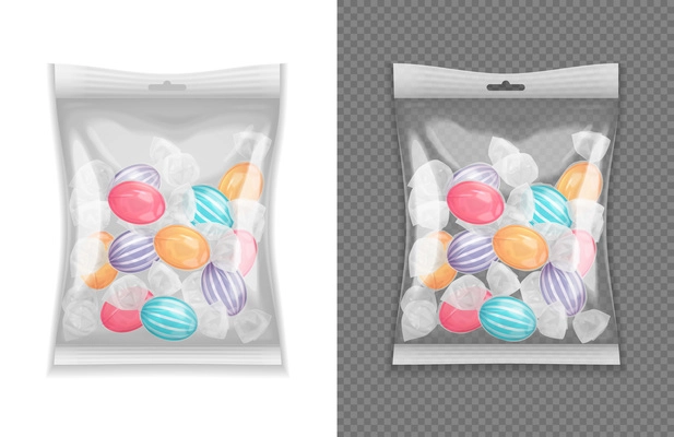 Realistic transparent lollypop candy package set isolated vector illustration