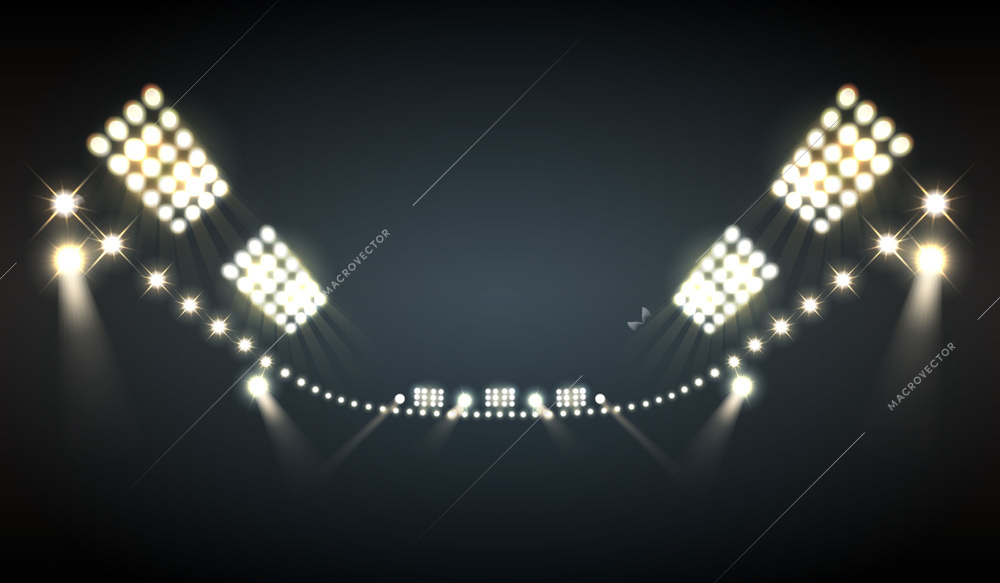 Stadium floodlights realistic background with bright lights symbols vector illustration