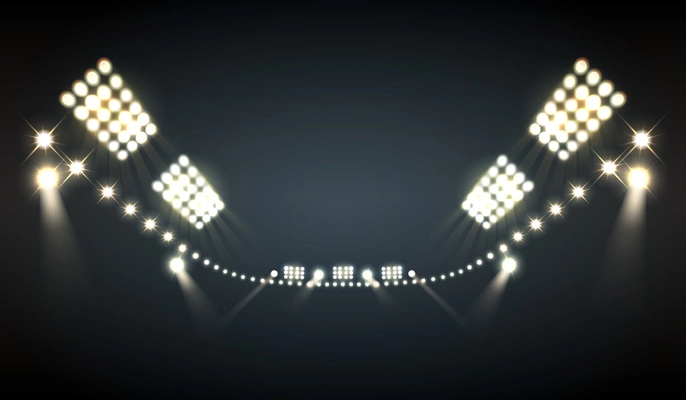 Stadium floodlights realistic background with bright lights symbols vector illustration