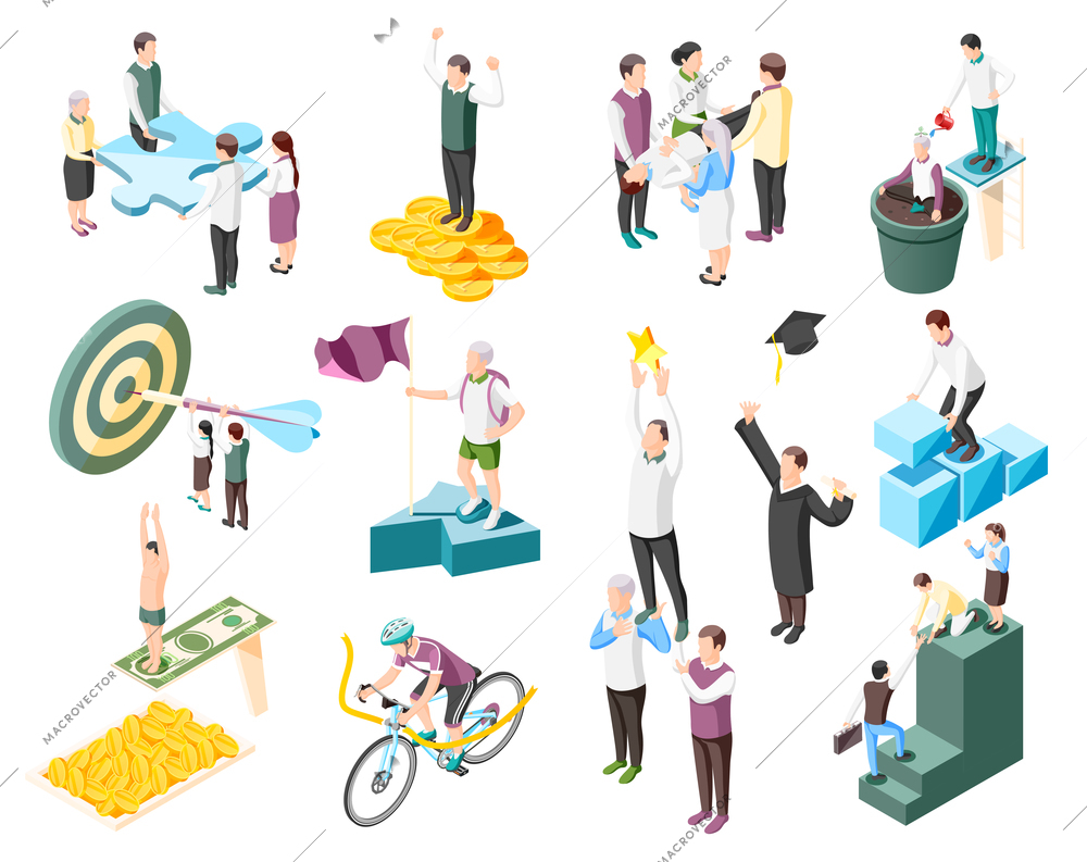 Success concept isometric icons collection with isolated human characters of successful people and goal conceptual icons vector illustration