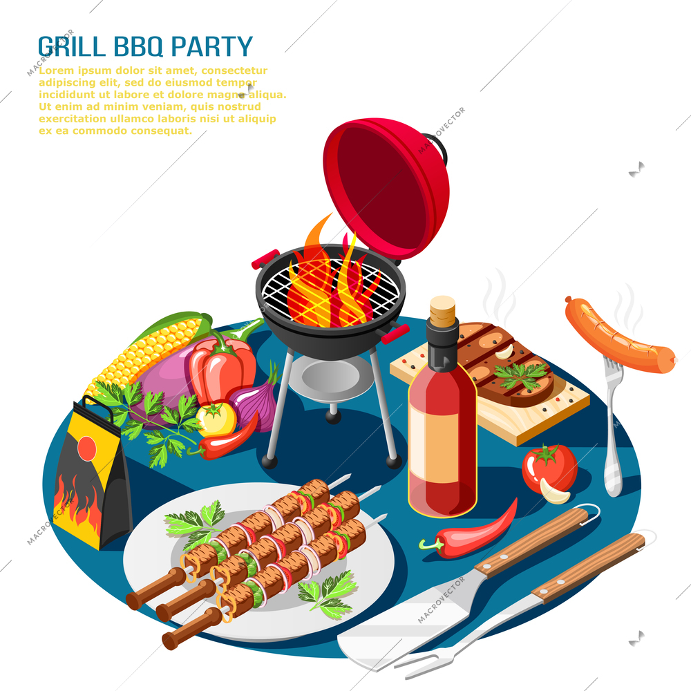 Grill bbq party isometric background composition with editable text description and tabletop set with barbeque food vector illustration