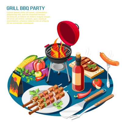 Grill bbq party isometric background composition with editable text description and tabletop set with barbeque food vector illustration