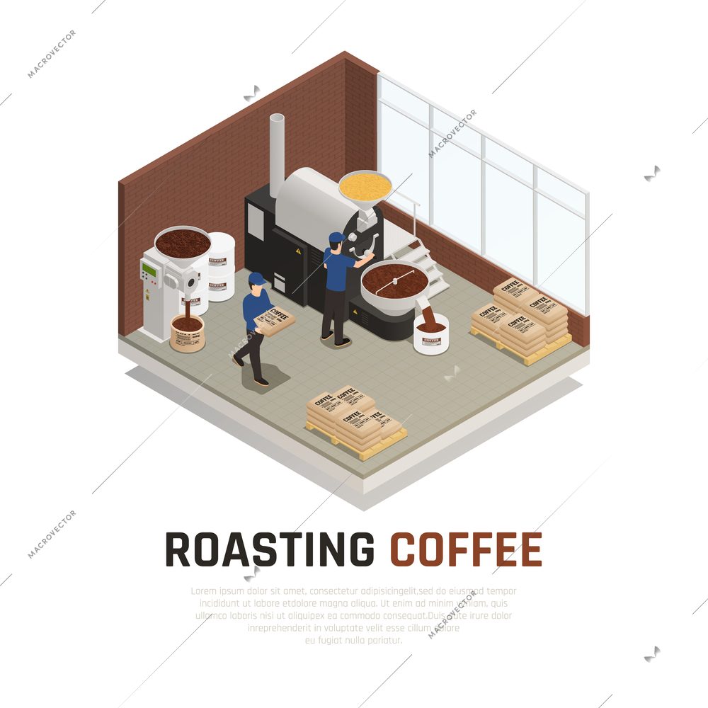 Coffee industry production isometric composition with editable text and indoor view of coffee roasting manufactory house vector illustration