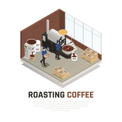 Coffee industry production isometric composition with editable text and indoor view of coffee roasting manufactory house vector illustration