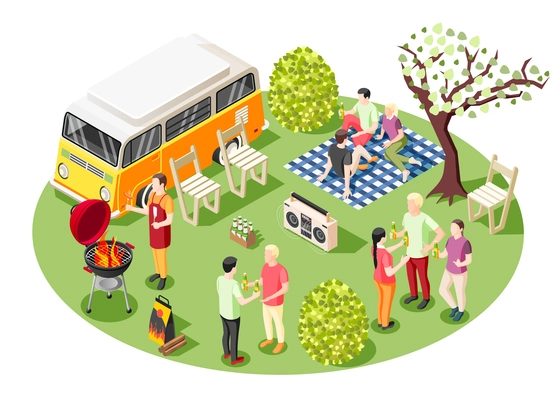 Grill bbq party isometric composition with group of people having barbecue tailgate party outdoors near minivan vector illustration