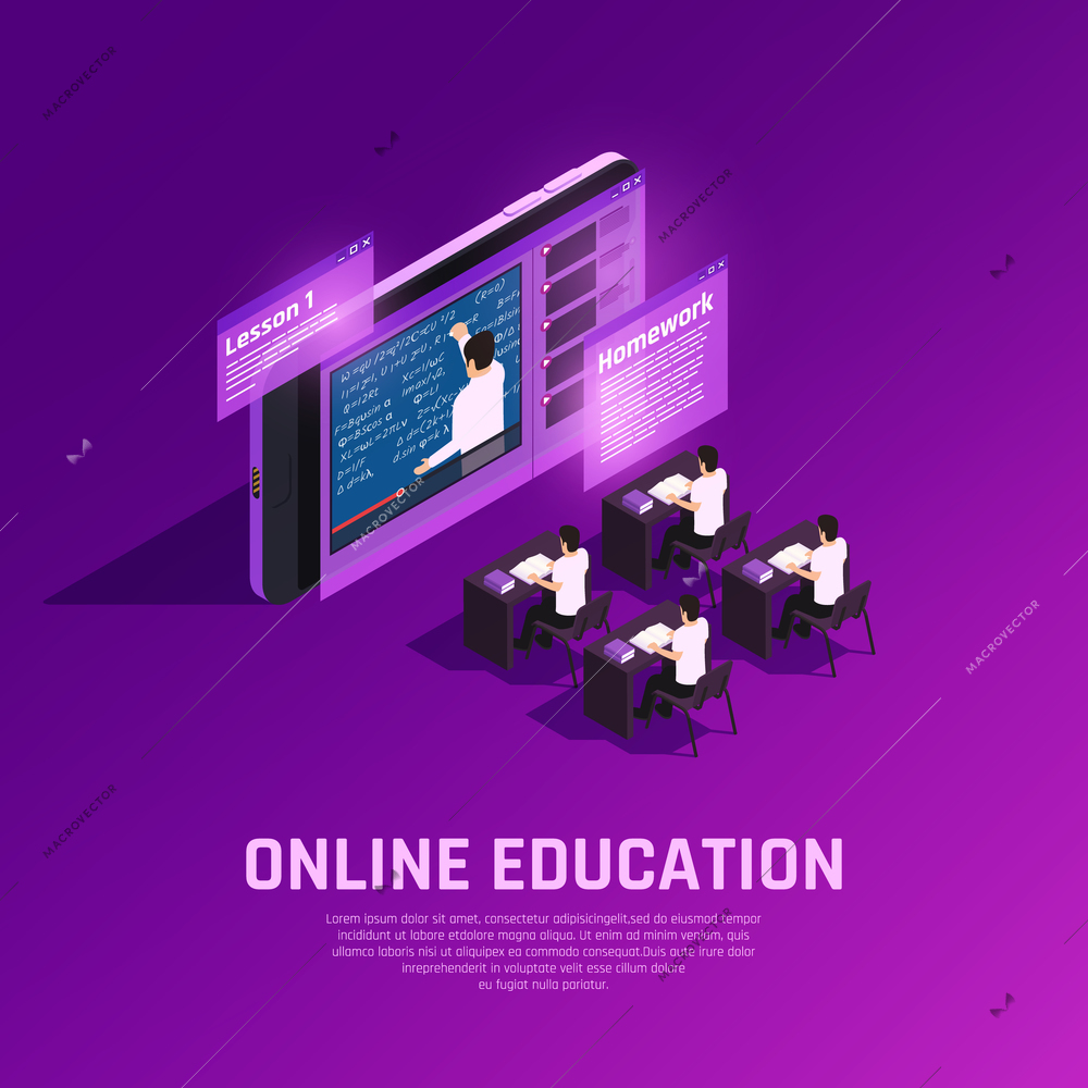 Online education glow isometric composition with conceptual images of futuristic classroom with students and teacher on screen vector illustration