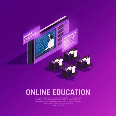 Online education glow isometric composition with conceptual images of futuristic classroom with students and teacher on screen vector illustration