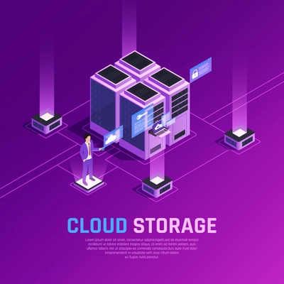 Cloud office glow isometric composition with images of server units and human character with remote controller vector illustration