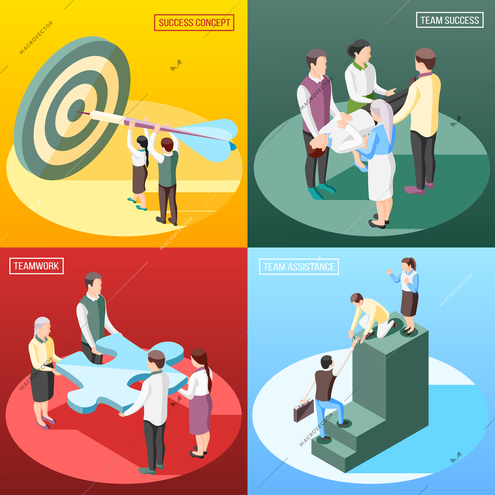 Success concept isometric 2x2 design concept with text and human characters of people and conceptual objects vector illustration