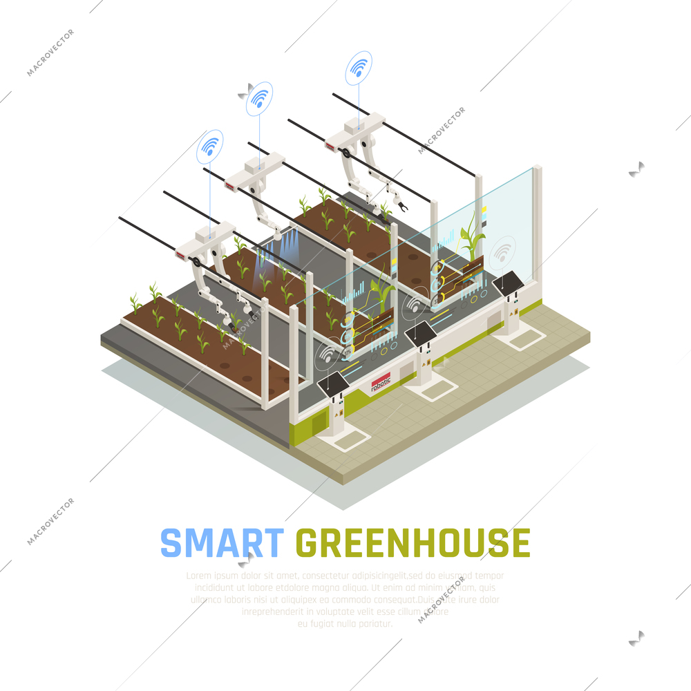 Agriculture automation smart farming composition with automatic equipment and drones controllable via wireless network with text vector illustration