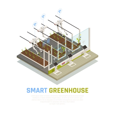 Agriculture automation smart farming composition with automatic equipment and drones controllable via wireless network with text vector illustration