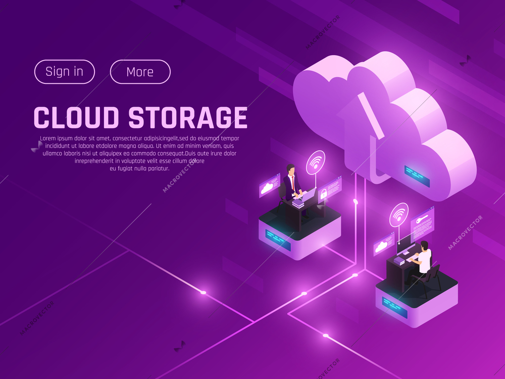 Cloud office glow isometric composition with editable text clickable buttons cloud pictogram and two modern workspaces vector illustration