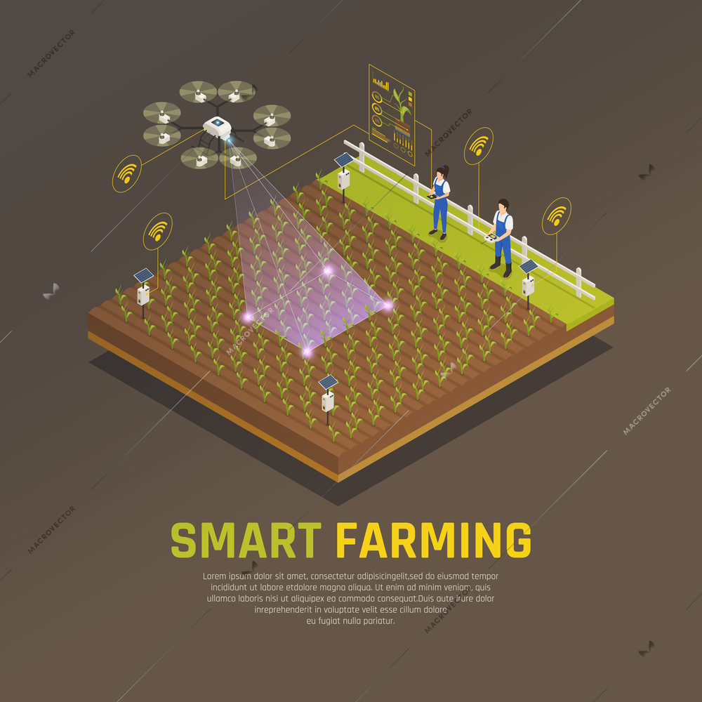 Agriculture automation smart farming composition with editable text and view of field cultivation with modern technologies vector illustration