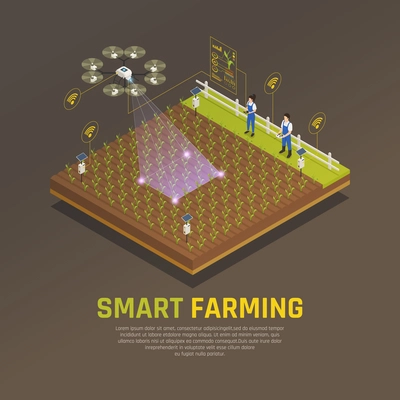 Agriculture automation smart farming composition with editable text and view of field cultivation with modern technologies vector illustration