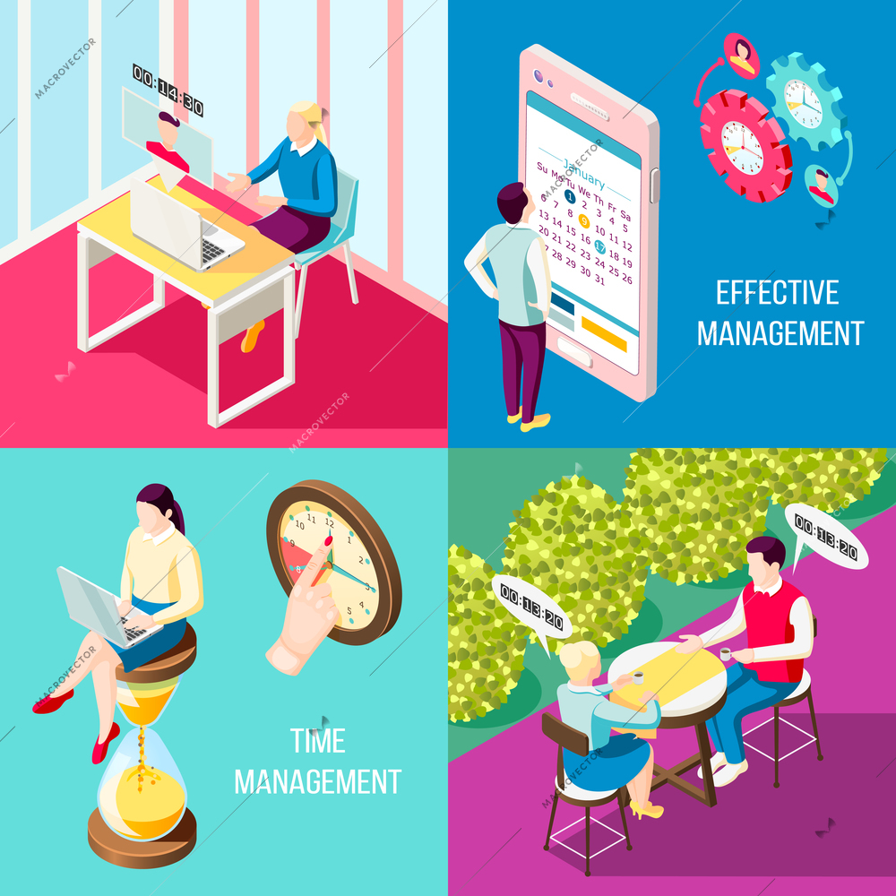 Effective management concept isometric 2x2 design concept with clock and gear pictograms human characters and text vector illustration