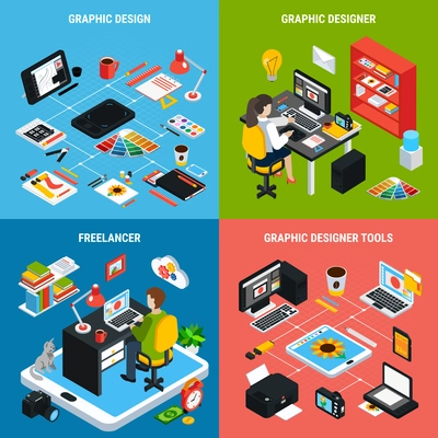 Colorful 2x2 concept with graphic design artists and various tools for work 3d isometric isolated vector illustration