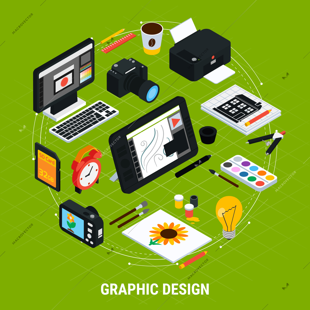 Isometric tools for graphic design with computer tablet paints camera printer on green background 3d vector illustration