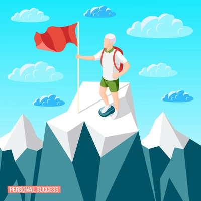 Personal success concept isometric background with mountain landscape and cragsman person with flag staying on peak vector illustration