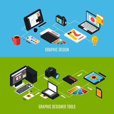 Isometric colorful set of two horizontal banners with various graphic design tools 3d isolated vector illustration