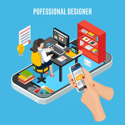 Graphic design service concept with professional designer at work on blue background 3d vector illustration