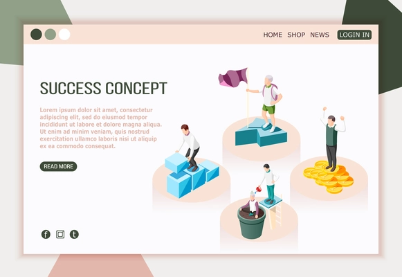 Success concept isometric landing page with read more button editable text and characters of successful people vector illustration