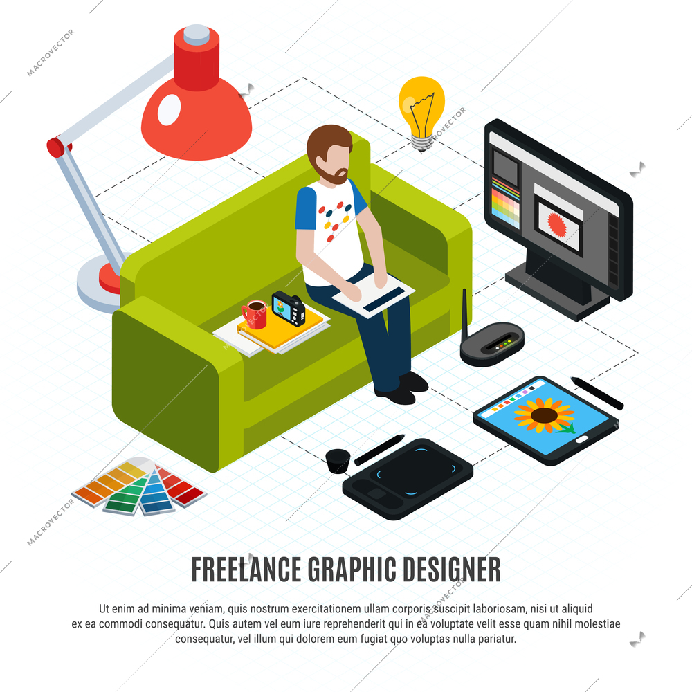 Graphic design freelancer his computer tablet and other tools on white background isometric flowchart 3d vector illustration