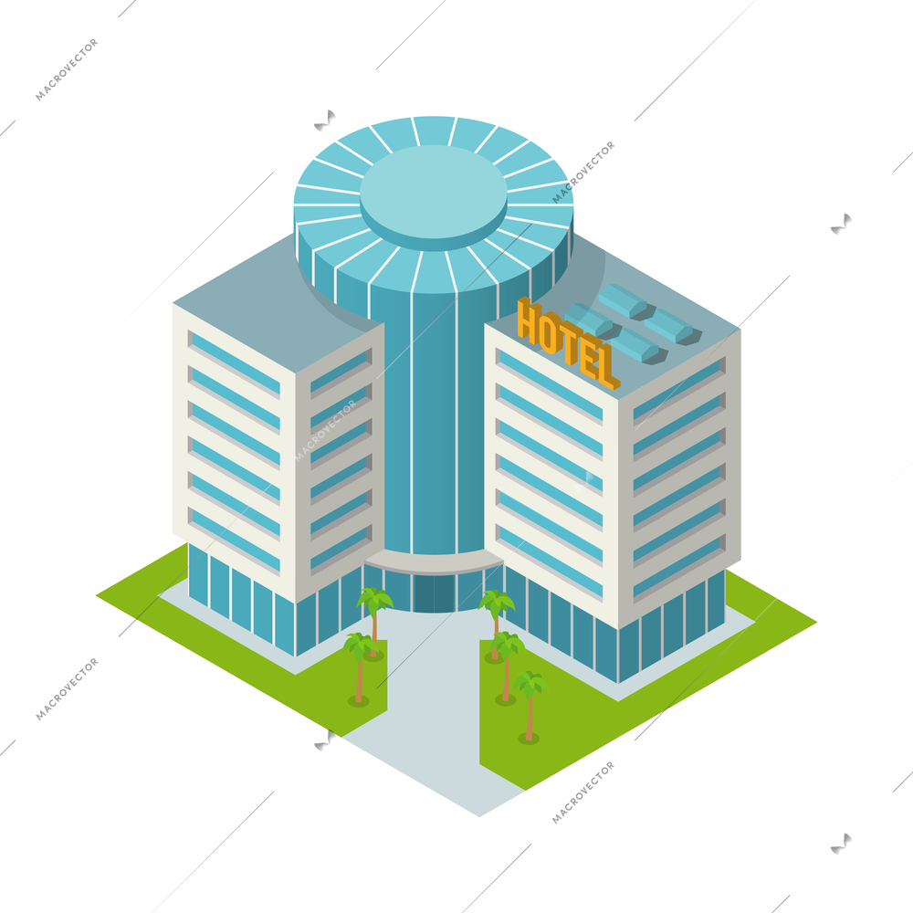 Modern 3d urban hotel building with palm trees isometric isolated vector illustration