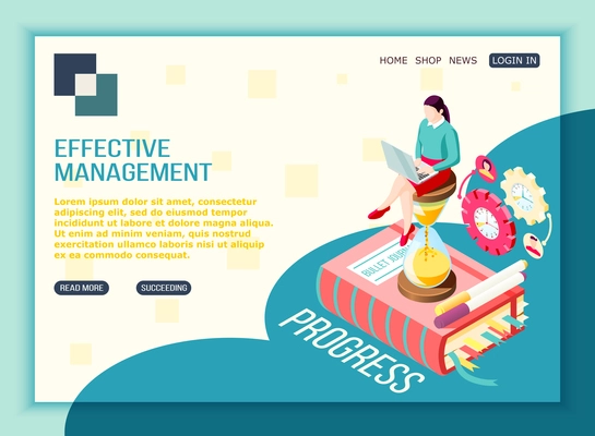 Effective management concept isometric landing page with editable text clickable buttons pictogram icons and conceptual images vector illustration