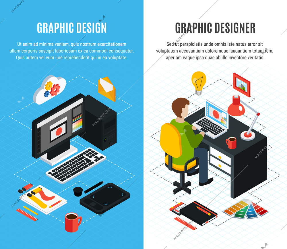 Vertical isometric banners set with tools for graphic design and designer at work 3d isolated vector illustration