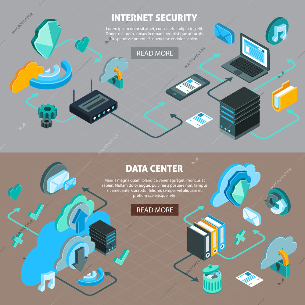 Cloud service technology data center and internet security horizontal banners set with isometric flowchart 3d isolated vector illustration