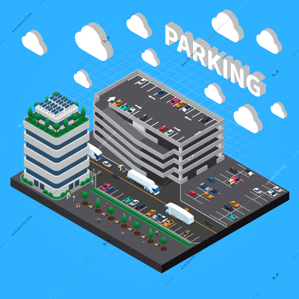 Multistorey garage structure multilevel car parking building with indoor stacked and outdoor lots isometric composition vector illustration