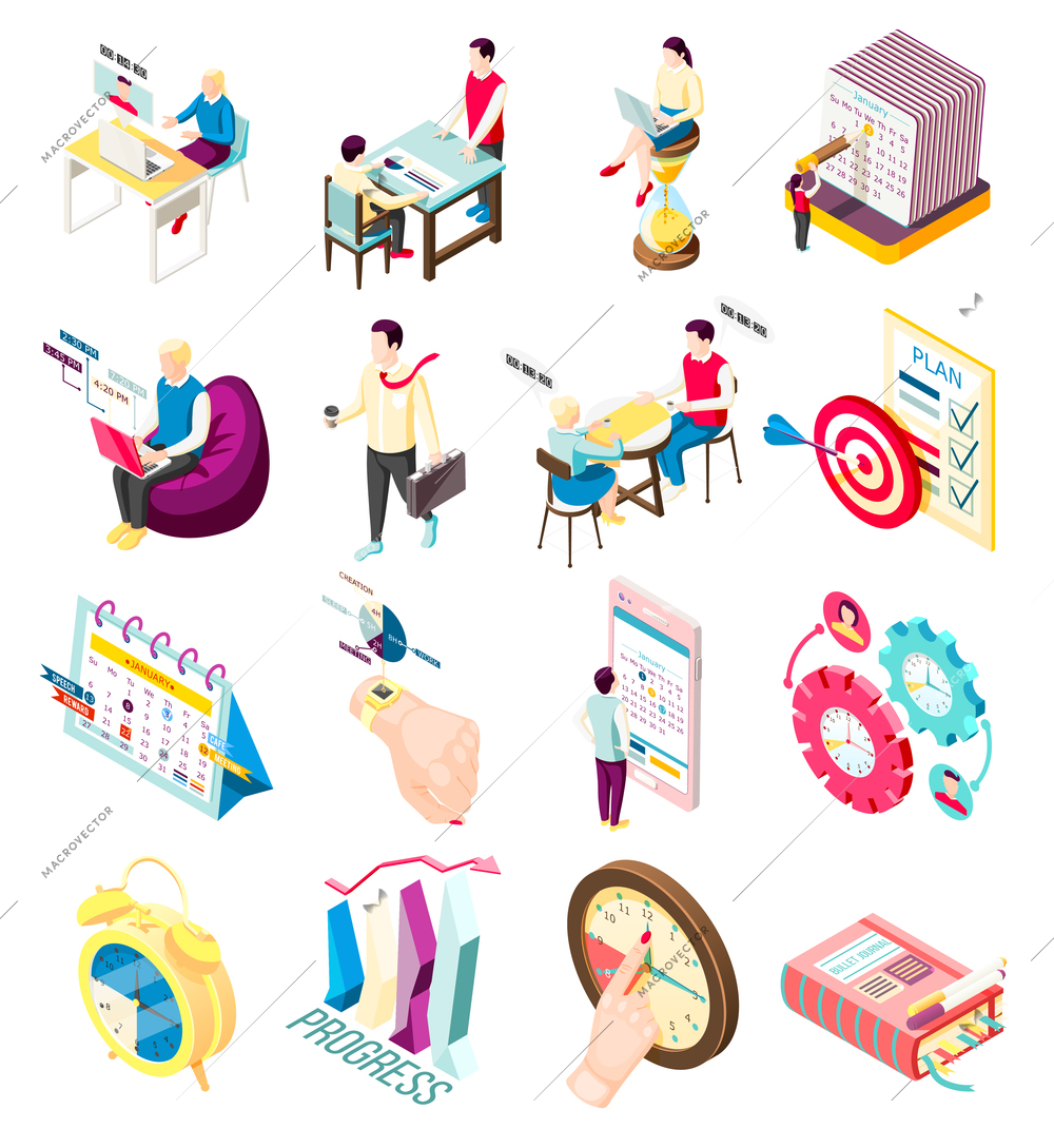 Set of sixteen isolated effective management concept isometric icons with personal organizer items and people characters vector illustration