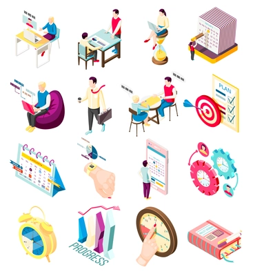 Set of sixteen isolated effective management concept isometric icons with personal organizer items and people characters vector illustration