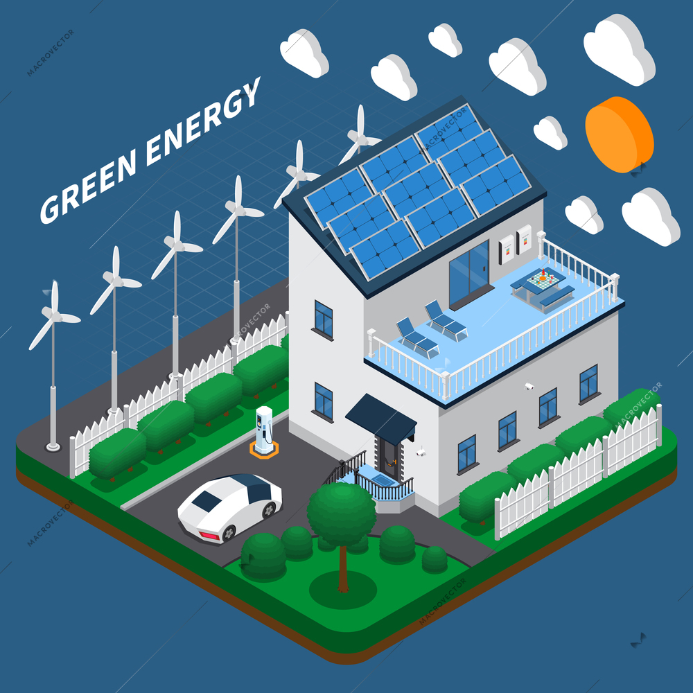 Green energy generation for household consumption isometric composition with roof solar panels and wind turbines vector illustration