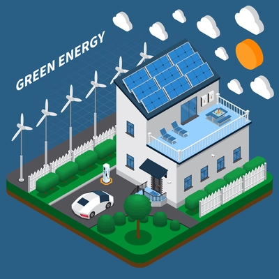 Green energy generation for household consumption isometric composition with roof solar panels and wind turbines vector illustration