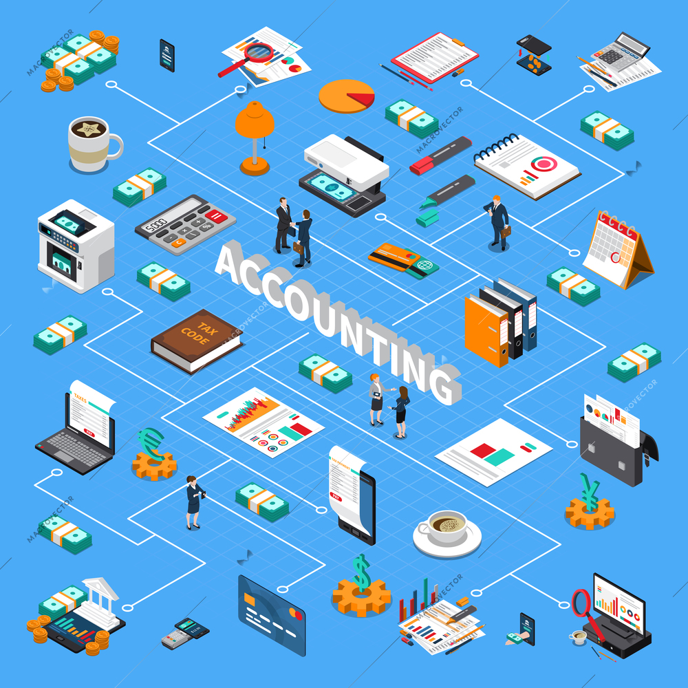 Accounting administration taxes comprehensive isometric flowchart with financial statements files documents folders cash counting machine vector illustration