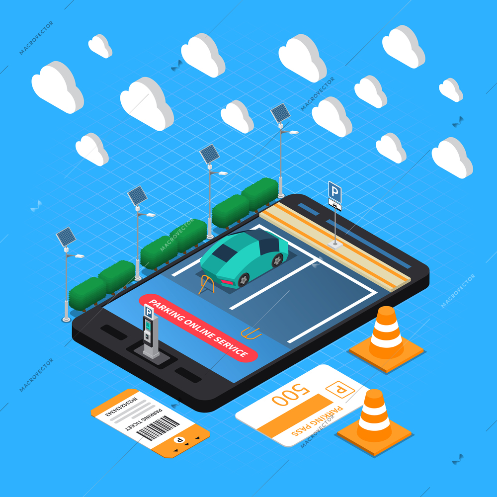 Parking lot with online finding paying reservation service isometric composition with ticket pass recharging point vector illustration