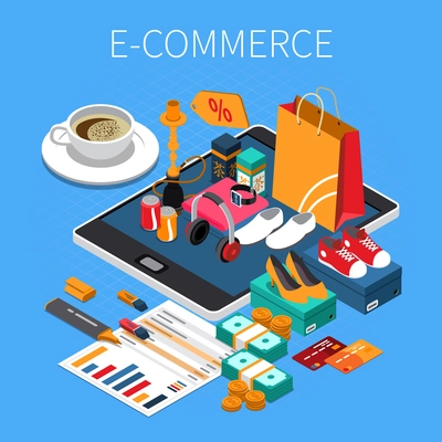 E-commerce online shopping isometric composition with credit card cash purchased shoes on tablet screen vector illustration