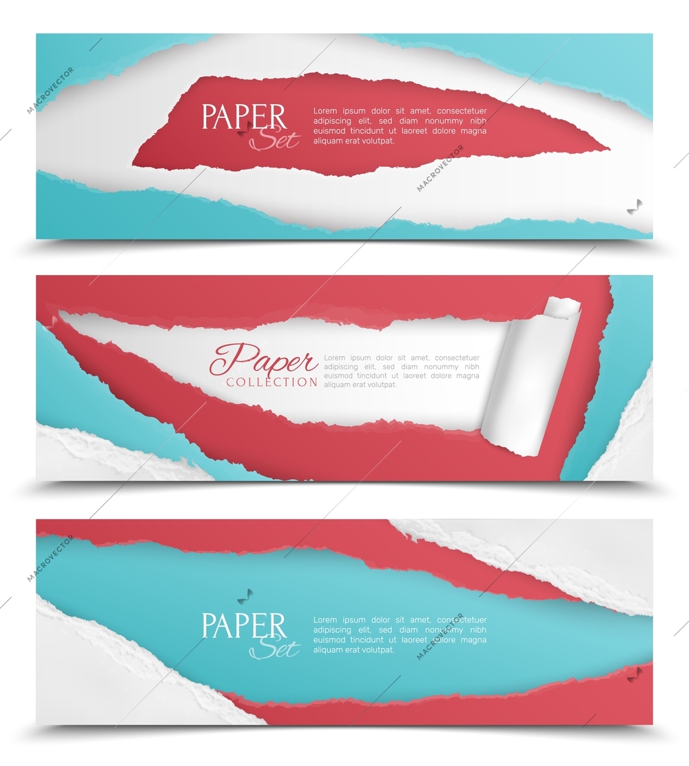 Realistic set of three horizontal abstract banners with colorful torn paper design and text field isolated vector illustration