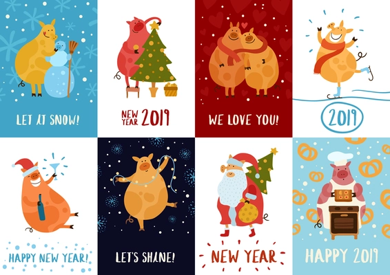 Set of flat cards piggies in new year activity with greetings on colorful background isolated vector illustration