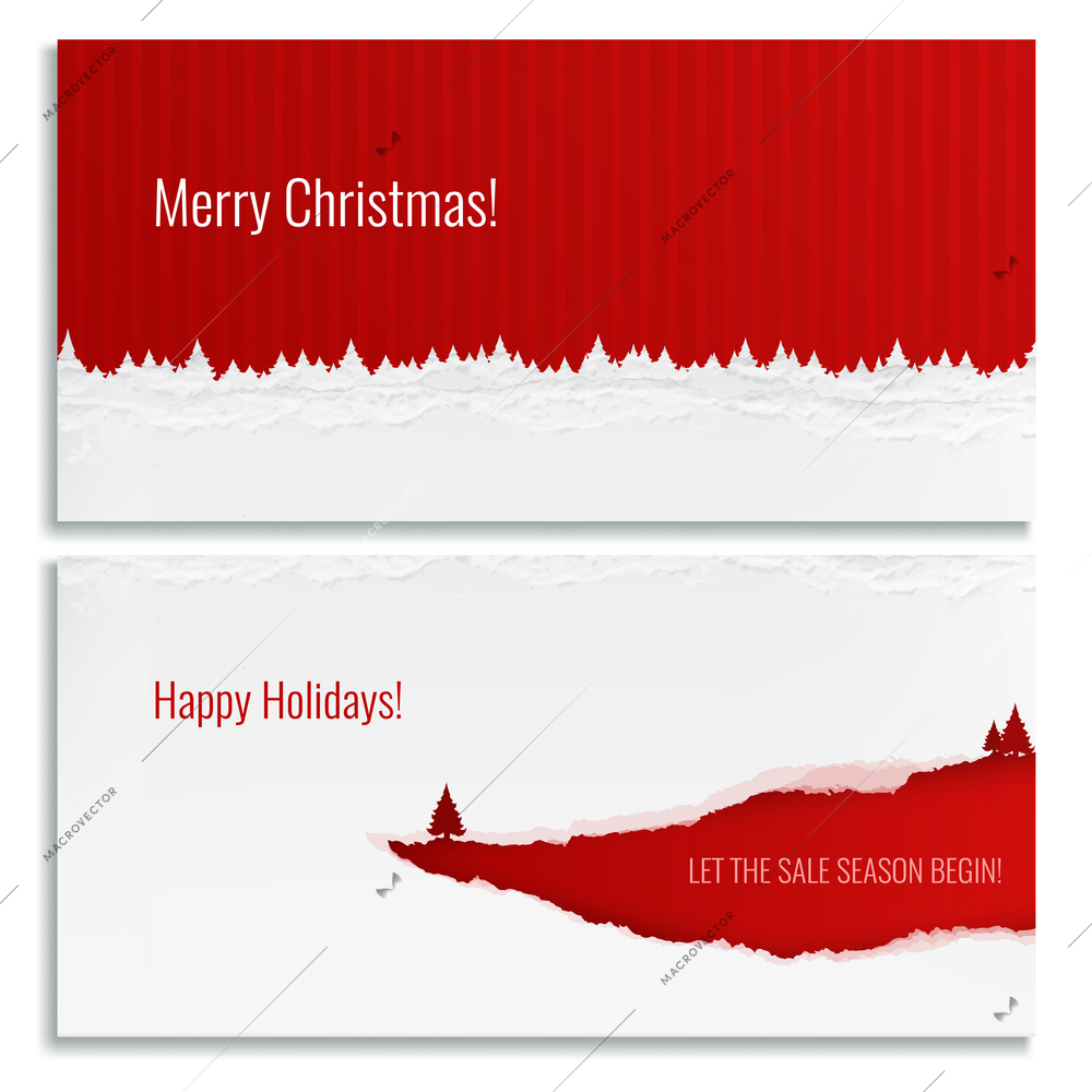 Merry christmas horizontal banners in red and white color with torn paper design realistic isolated vector illustration