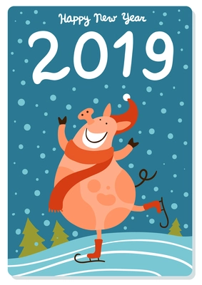 Happy piggy during skating in santa hat on snow background with new year greetings flat vector illustration
