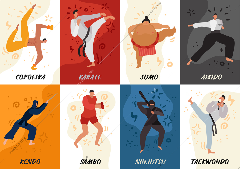 Set of flat cards fighters of various martial arts during exercise isolated on colorful background vector illustration