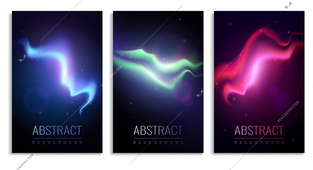 Set of vertical banners with colorful northern lights on dark background realistic isolated vector illustration