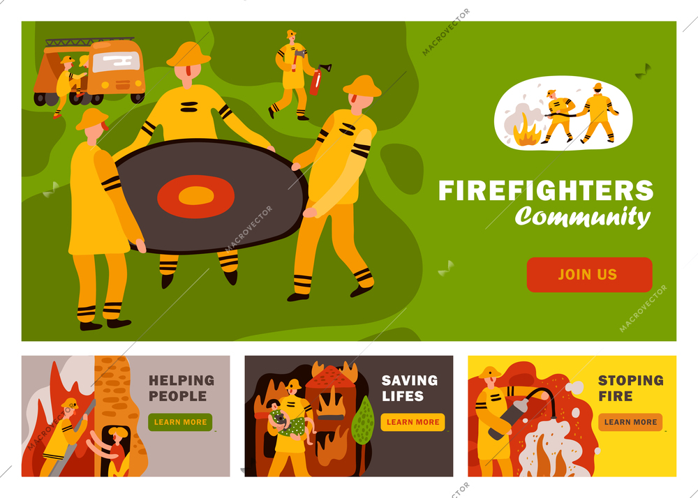 Fire fighting horizontal flat banners with rescue service during dangerous work isolated vector illustration