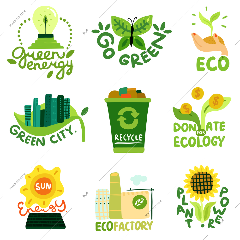 Ecological restoration flat emblems sun energy eco factory recycling of waste and green city isolated vector illustration